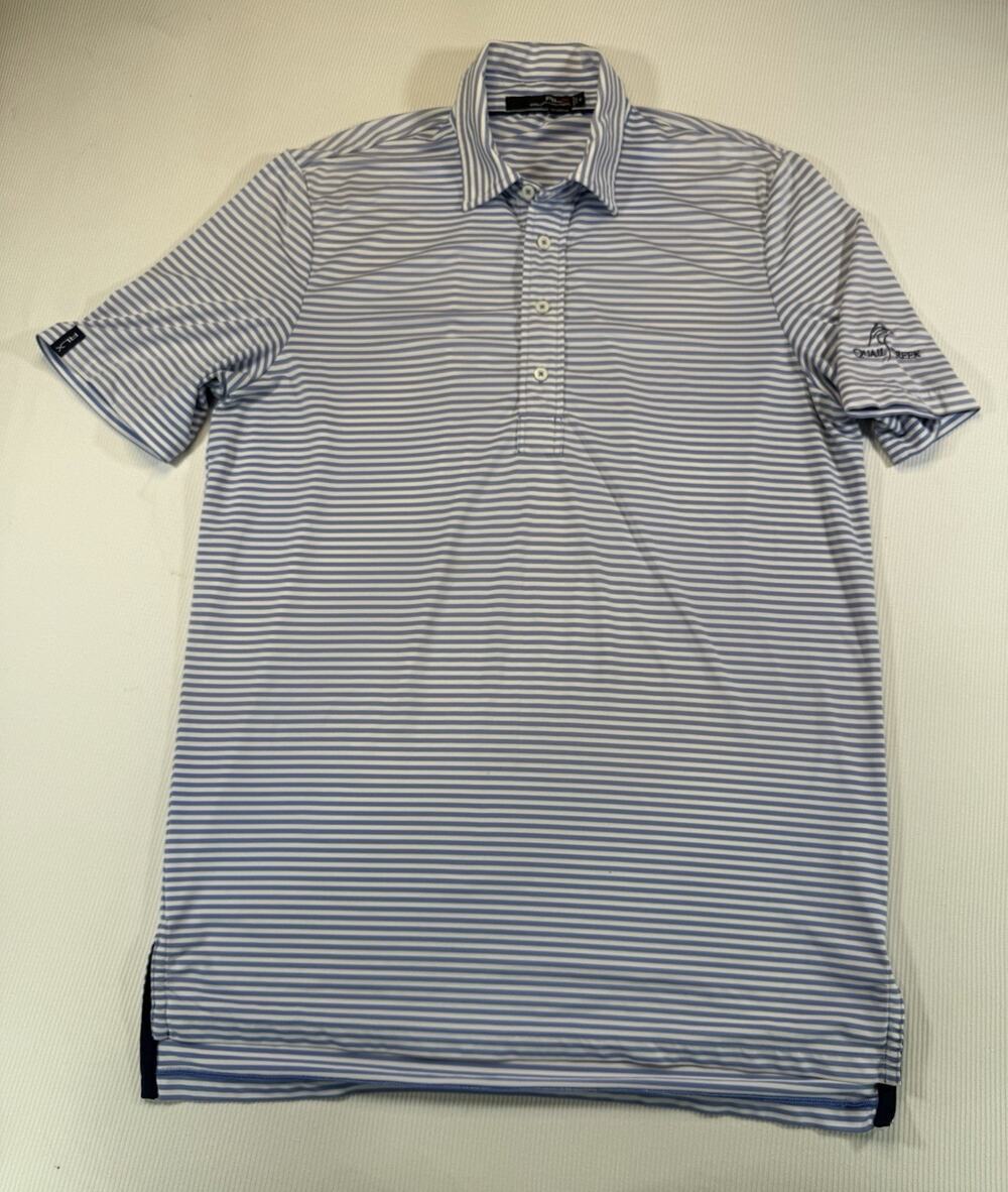 RLX Ralph Lauren Golf Polo Shirt Medium Blue White Stripe Quail Creek Stretch